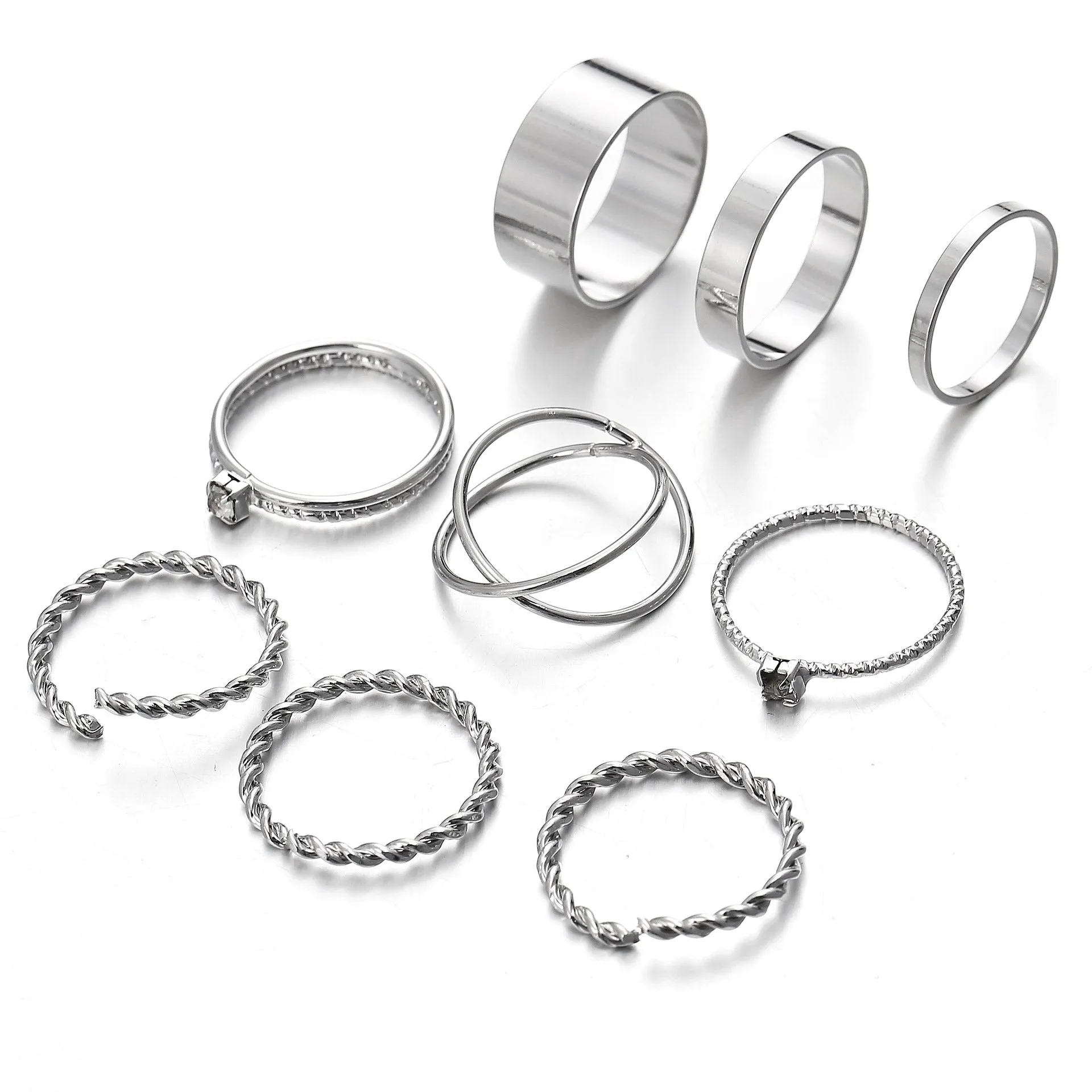 Twist Geo Ring Set - 18K White Gold Plated, Hypoallergenic, Comfort Fit, Made in Italy