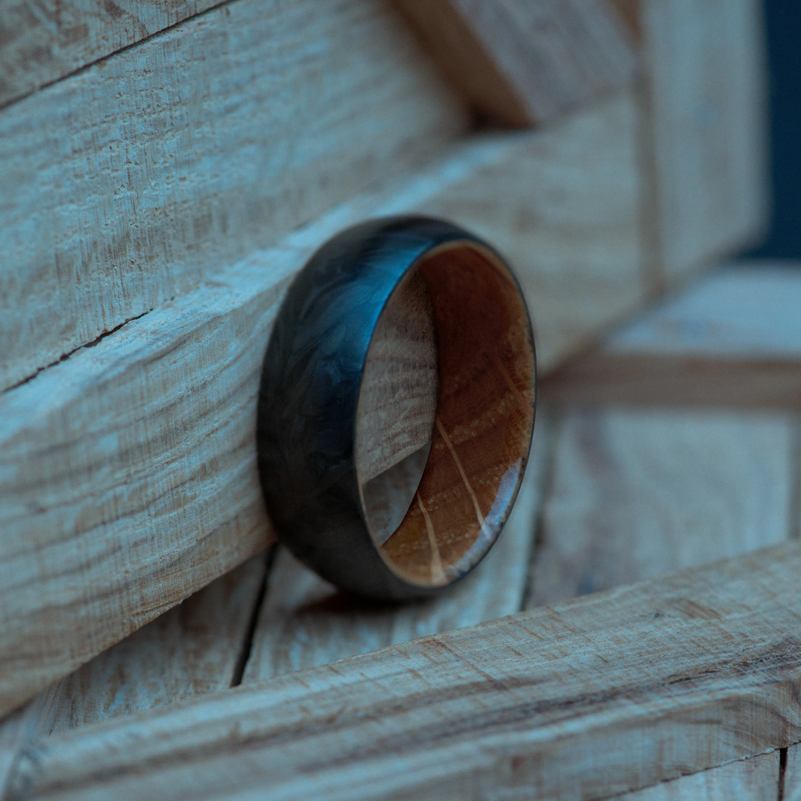 Upcycled Wine Barrel Oak and Forged Carbon Fiber Mens Wedding Band