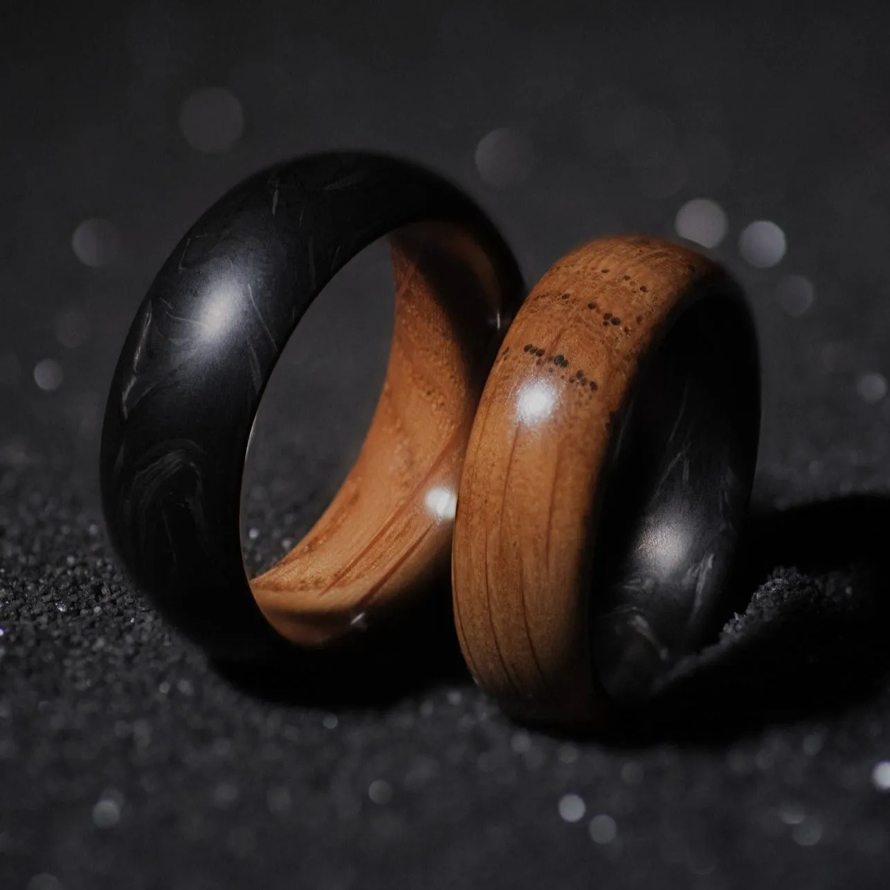 Upcycled Wine Barrel Oak and Forged Carbon Fiber Mens Wedding Band