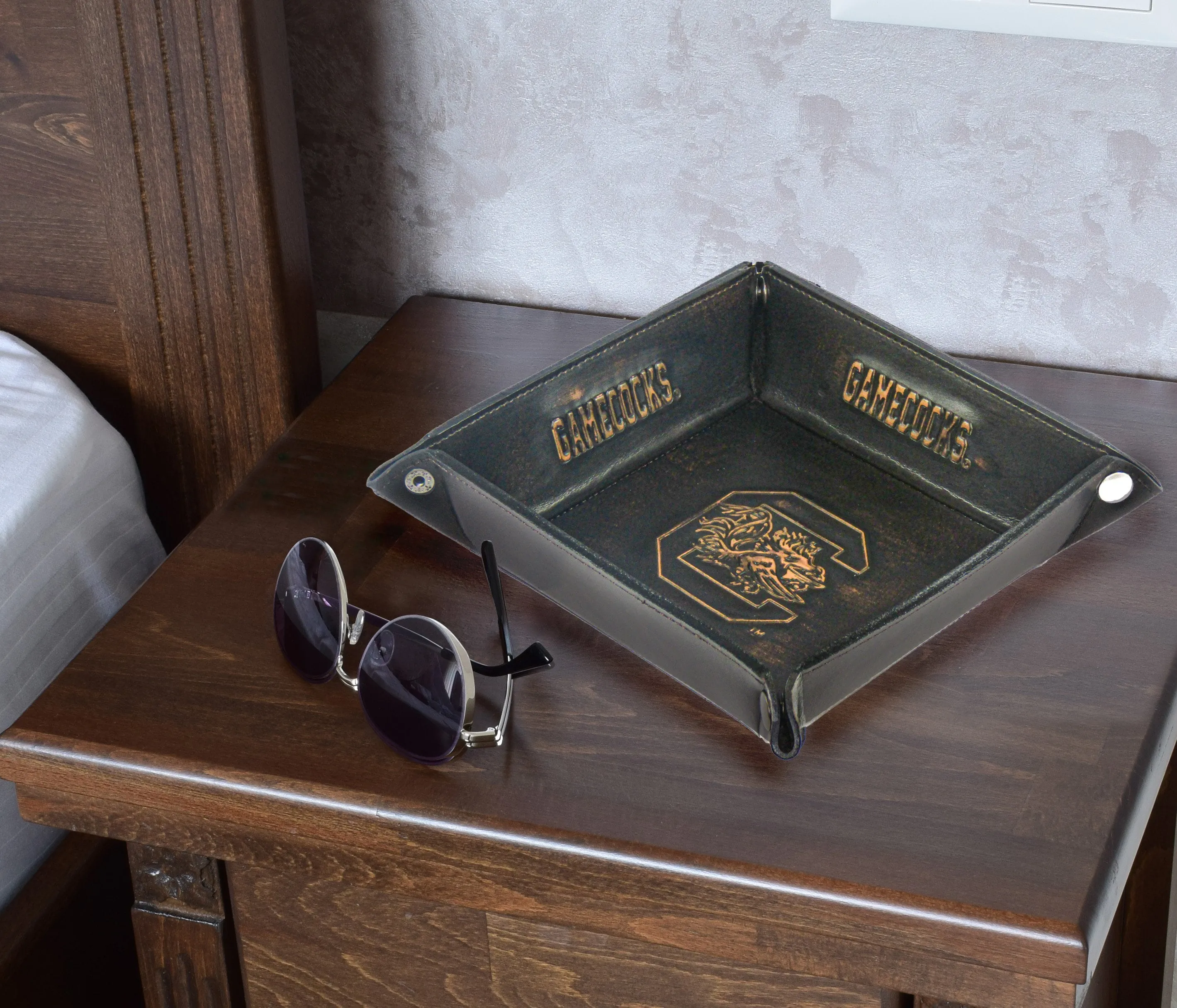 USC Gamecocks Men's Collegiate Valet Tray, Catch-all, Desk Organizer, Nightstand Tray. Brown Burnished Full Grain Leather Finish.