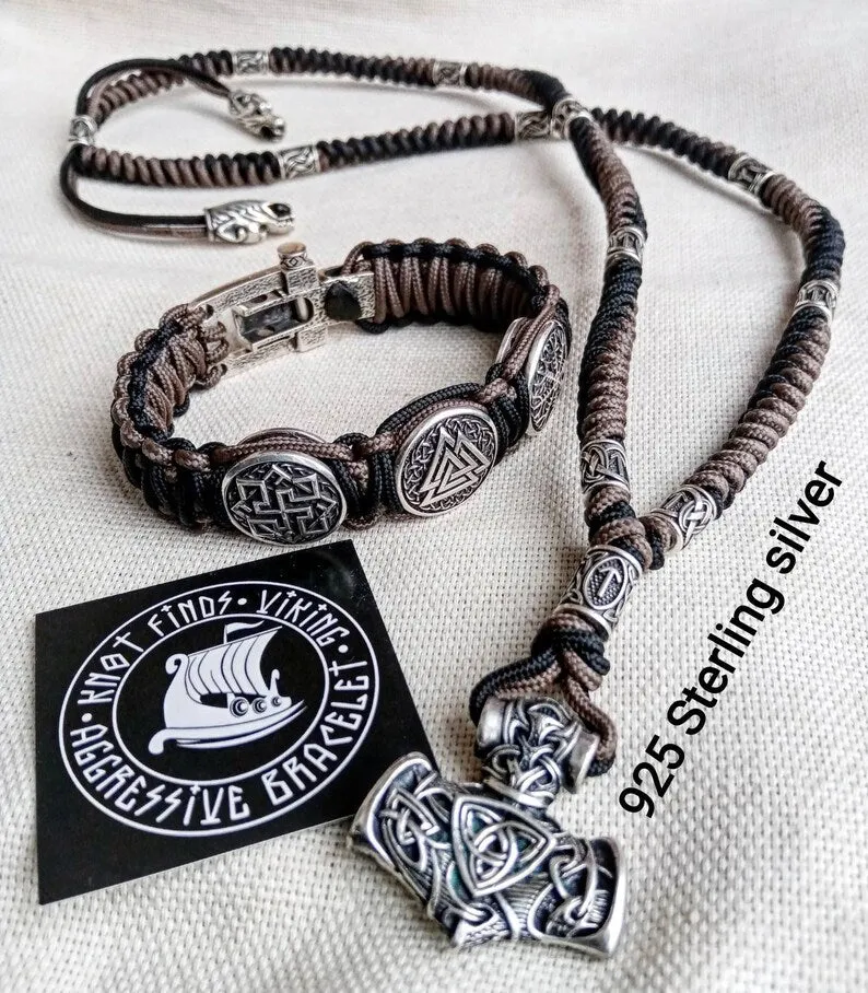 Viking necklace, 925 Sterling silver. Paracord necklace with beads. Mjolnir necklace. Celtic knot.