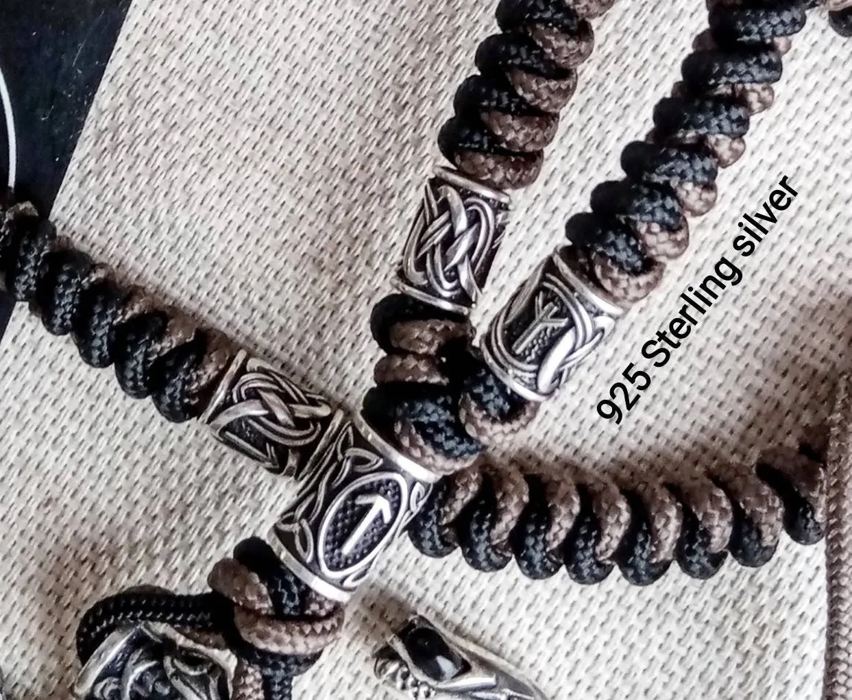 Viking necklace, 925 Sterling silver. Paracord necklace with beads. Mjolnir necklace. Celtic knot.