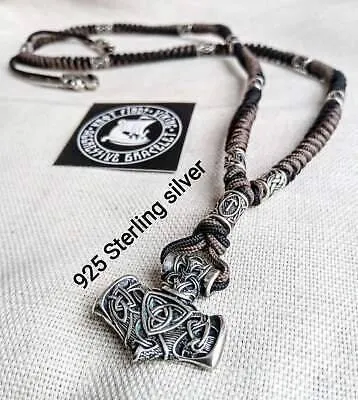 Viking necklace, 925 Sterling silver. Paracord necklace with beads. Mjolnir necklace. Celtic knot.