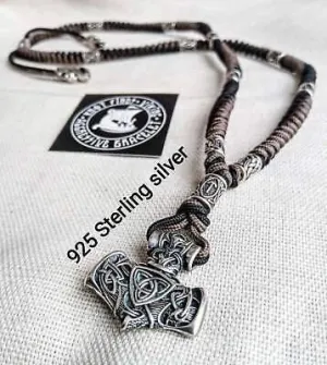 Viking necklace, 925 Sterling silver. Paracord necklace with beads. Mjolnir necklace. Celtic knot.