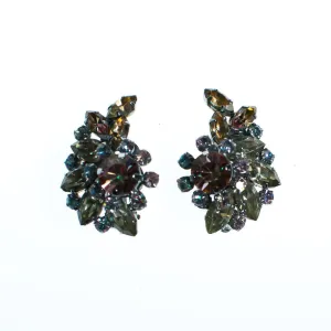 Vintage 1950s Austrian Earrings, Pastel Aurora Borealis Multi-colored Rhinestones, Silver Tone Setting, Clip-on
