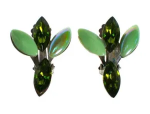 Vintage 1950s Light Green and Dark Green Rhinestone Statement Earrings, Clip On