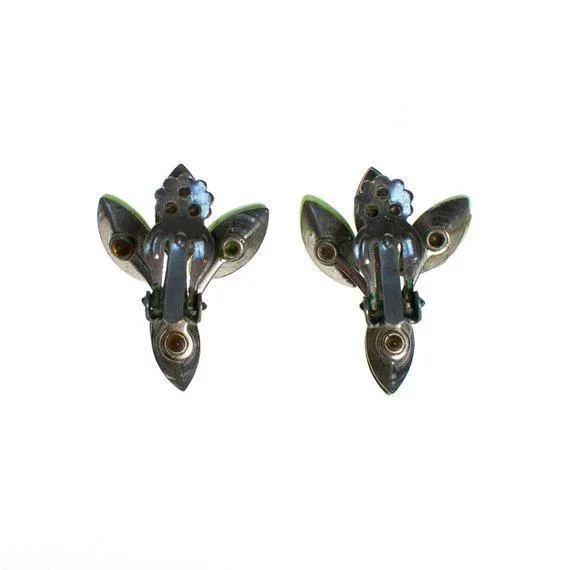 Vintage 1950s Light Green and Dark Green Rhinestone Statement Earrings, Clip On