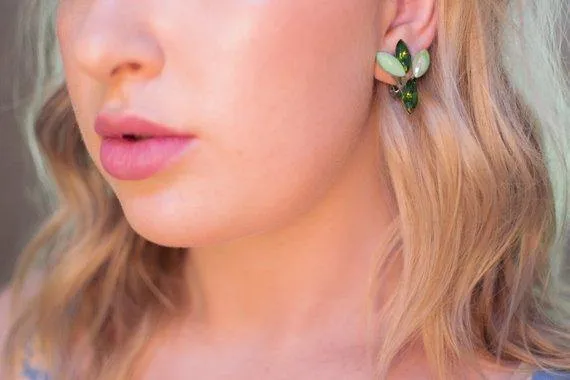Vintage 1950s Light Green and Dark Green Rhinestone Statement Earrings, Clip On