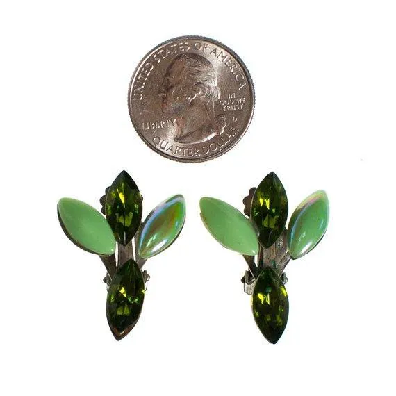 Vintage 1950s Light Green and Dark Green Rhinestone Statement Earrings, Clip On