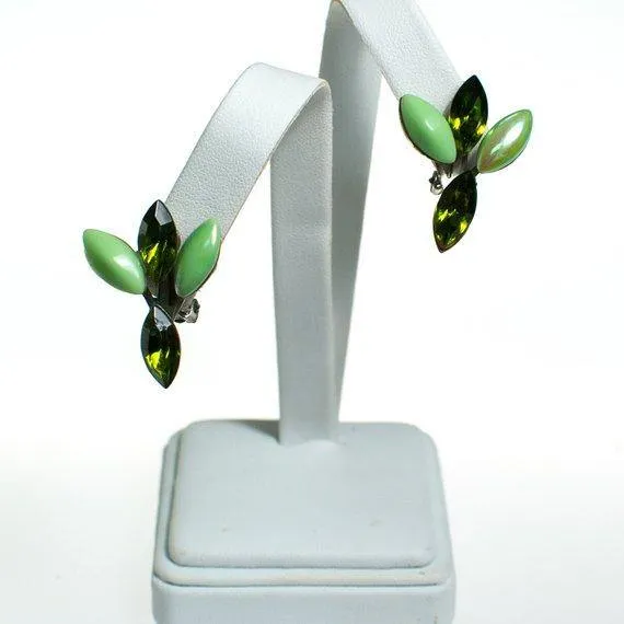 Vintage 1950s Light Green and Dark Green Rhinestone Statement Earrings, Clip On
