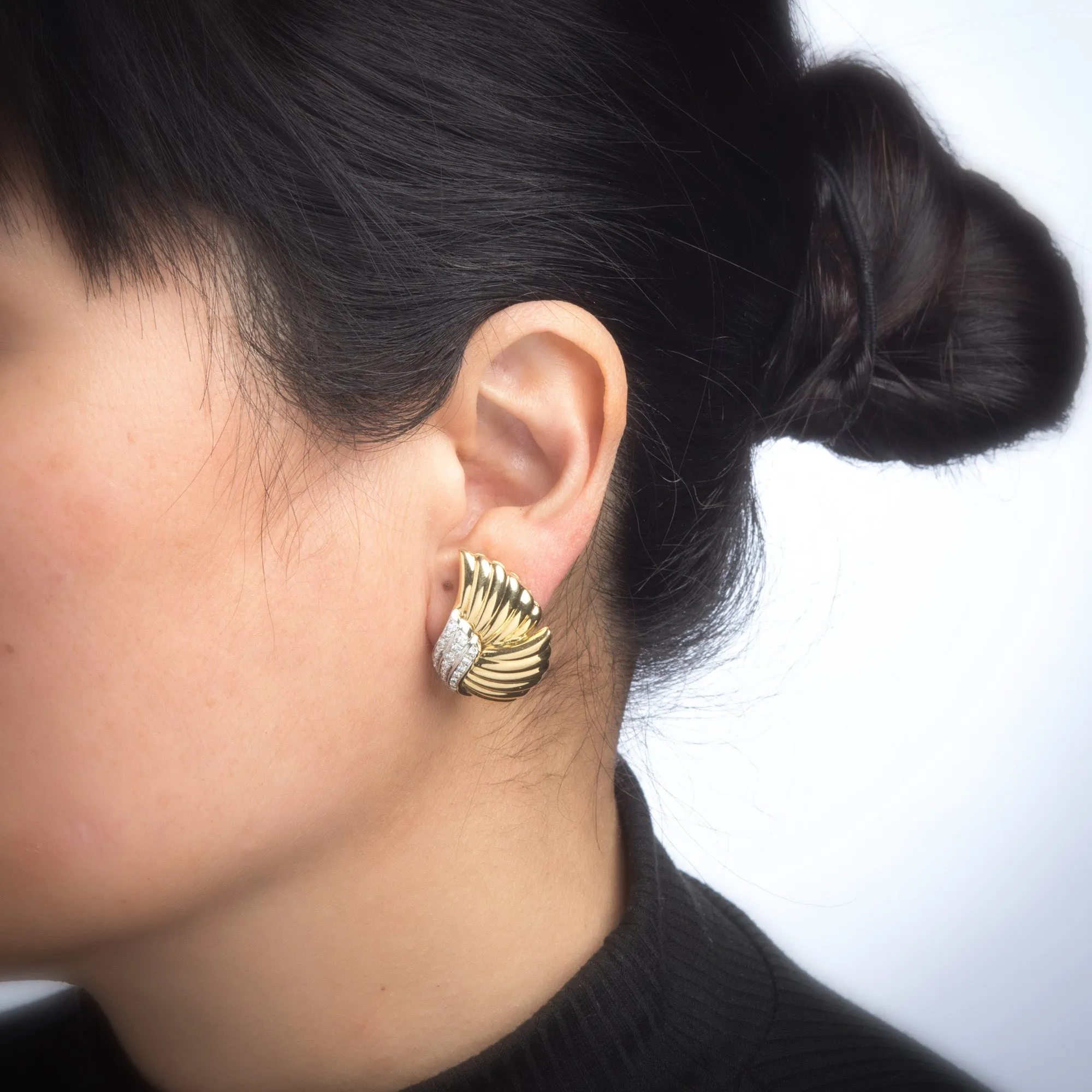 Vintage 80s Diamond Earrings Clip Cocktail 18k Yellow Gold Estate Jewelry Large