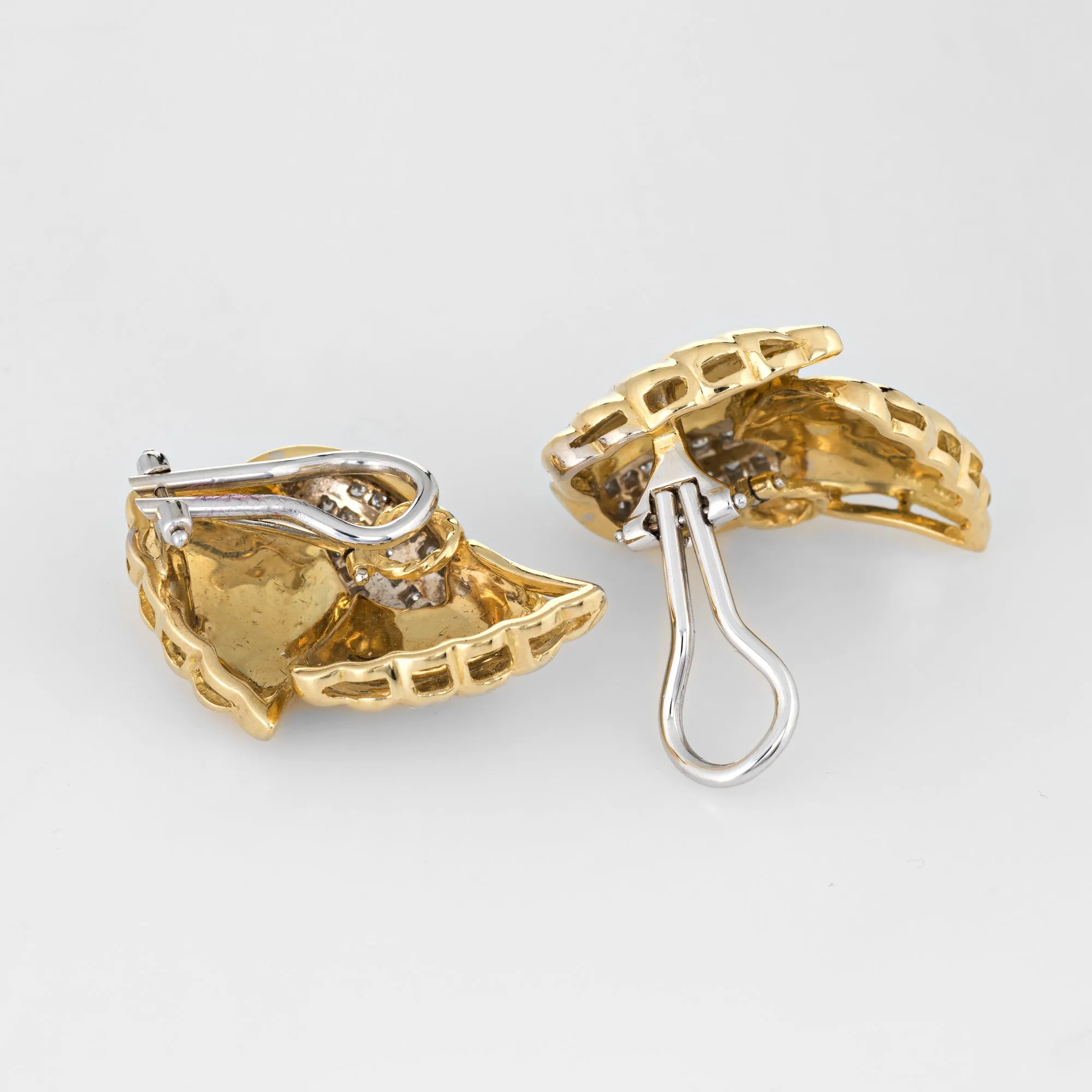 Vintage 80s Diamond Earrings Clip Cocktail 18k Yellow Gold Estate Jewelry Large