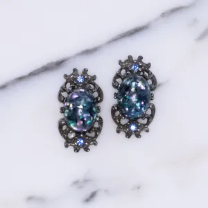 Vintage Blue Green Confetti Lucite Earrings in Silver Tone, Clip On