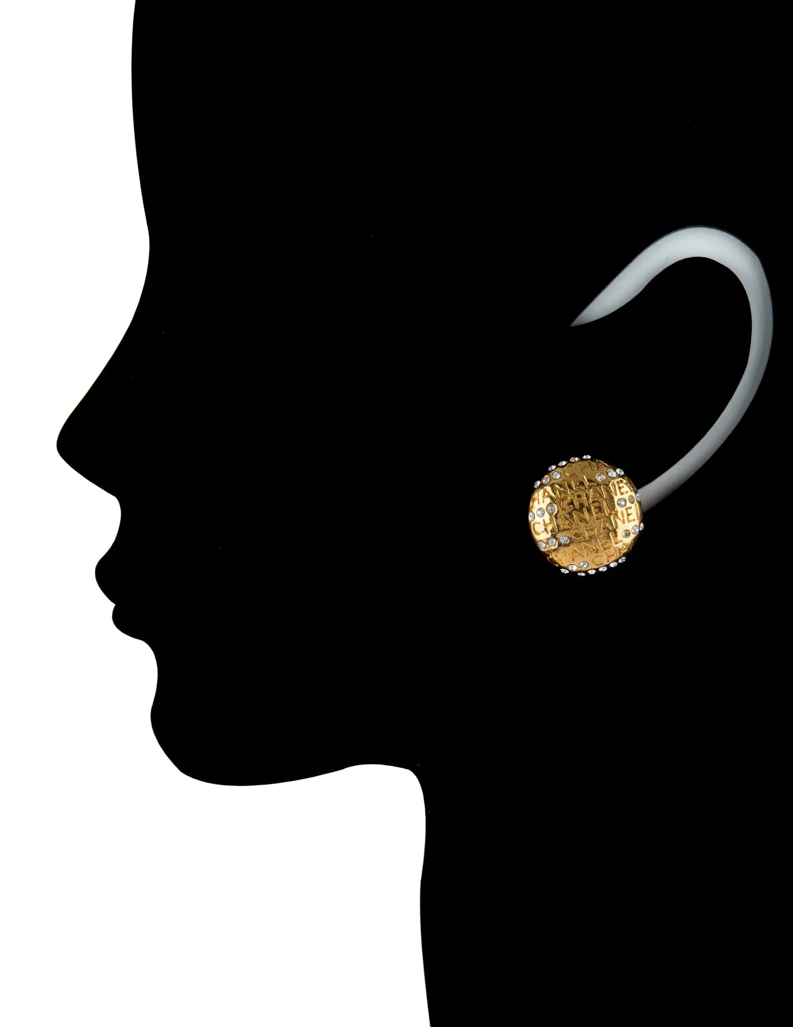 Vintage Chanel Earrings 1970s Crystal Round Clip On Yellow Gold Tone
