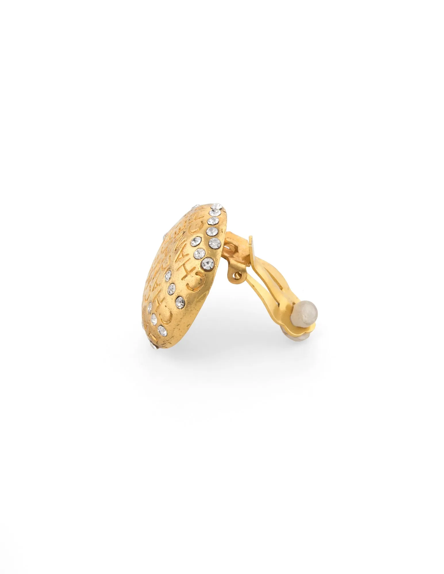 Vintage Chanel Earrings 1970s Crystal Round Clip On Yellow Gold Tone