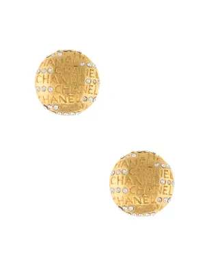 Vintage Chanel Earrings 1970s Crystal Round Clip On Yellow Gold Tone