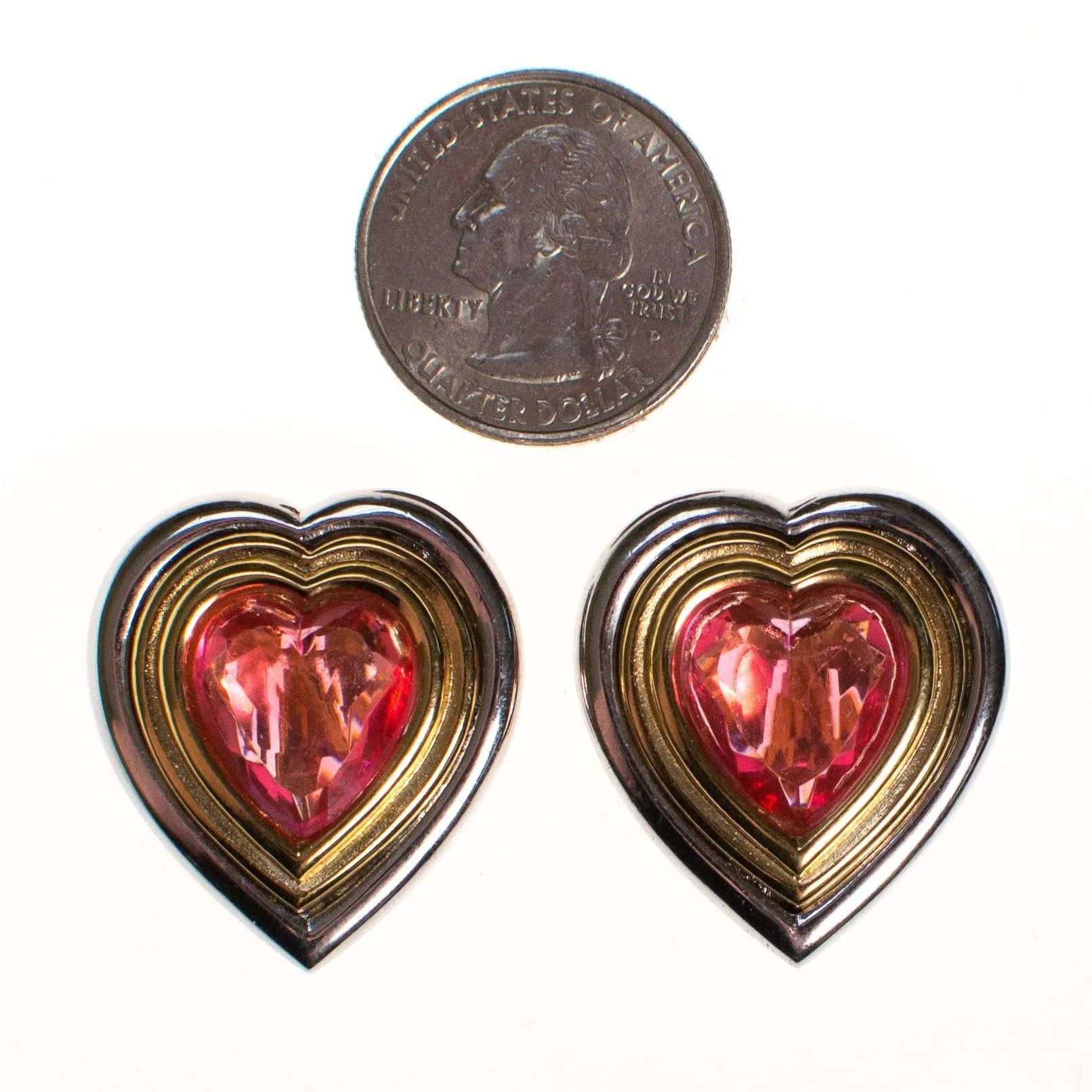 Vintage Givenchy Couture Heart Gold and Silver Heart Earrings with Pink Rhinestones, Clip On