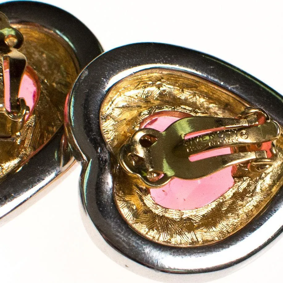 Vintage Givenchy Couture Heart Gold and Silver Heart Earrings with Pink Rhinestones, Clip On