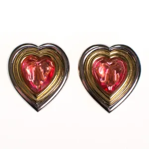 Vintage Givenchy Couture Heart Gold and Silver Heart Earrings with Pink Rhinestones, Clip On