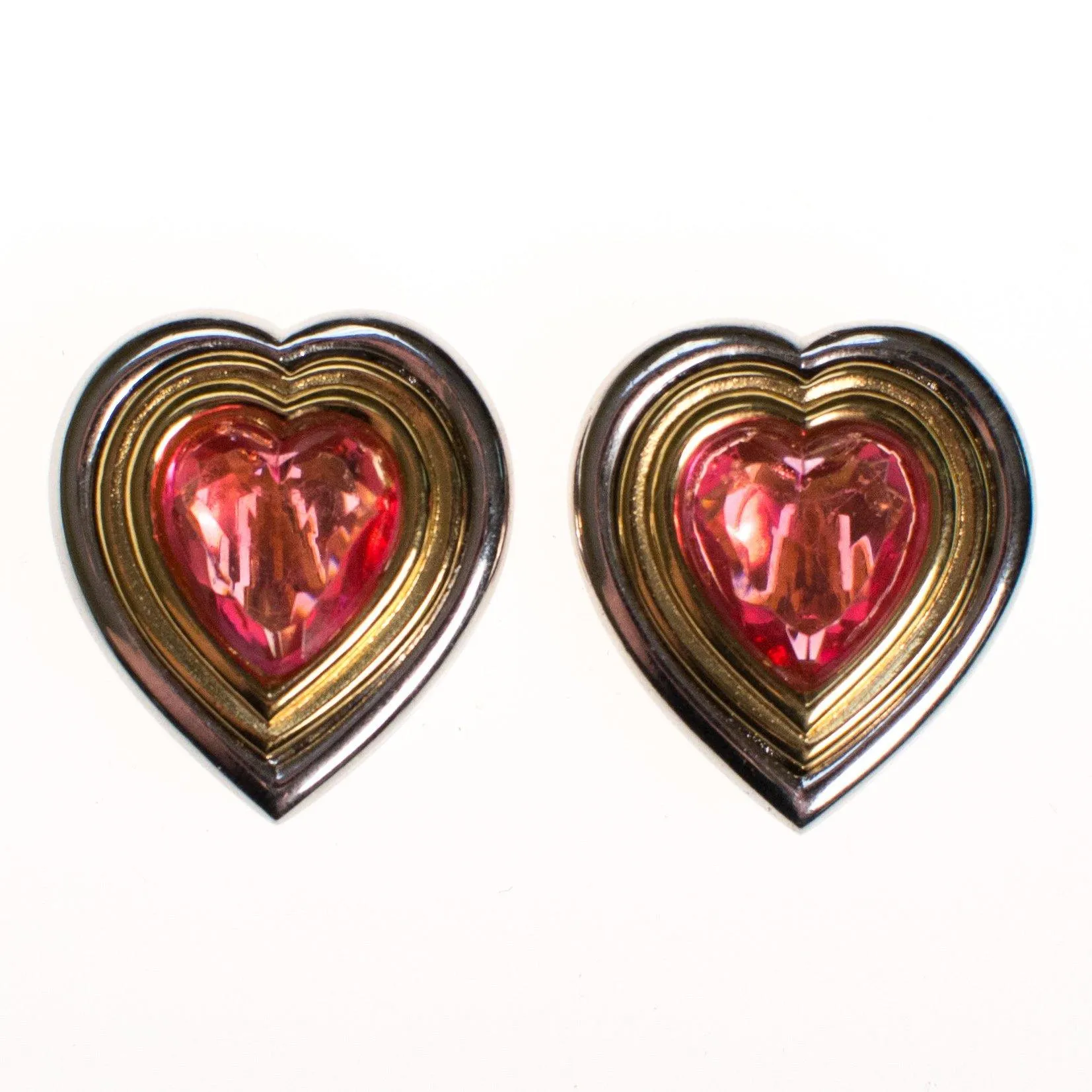 Vintage Givenchy Couture Heart Gold and Silver Heart Earrings with Pink Rhinestones, Clip On