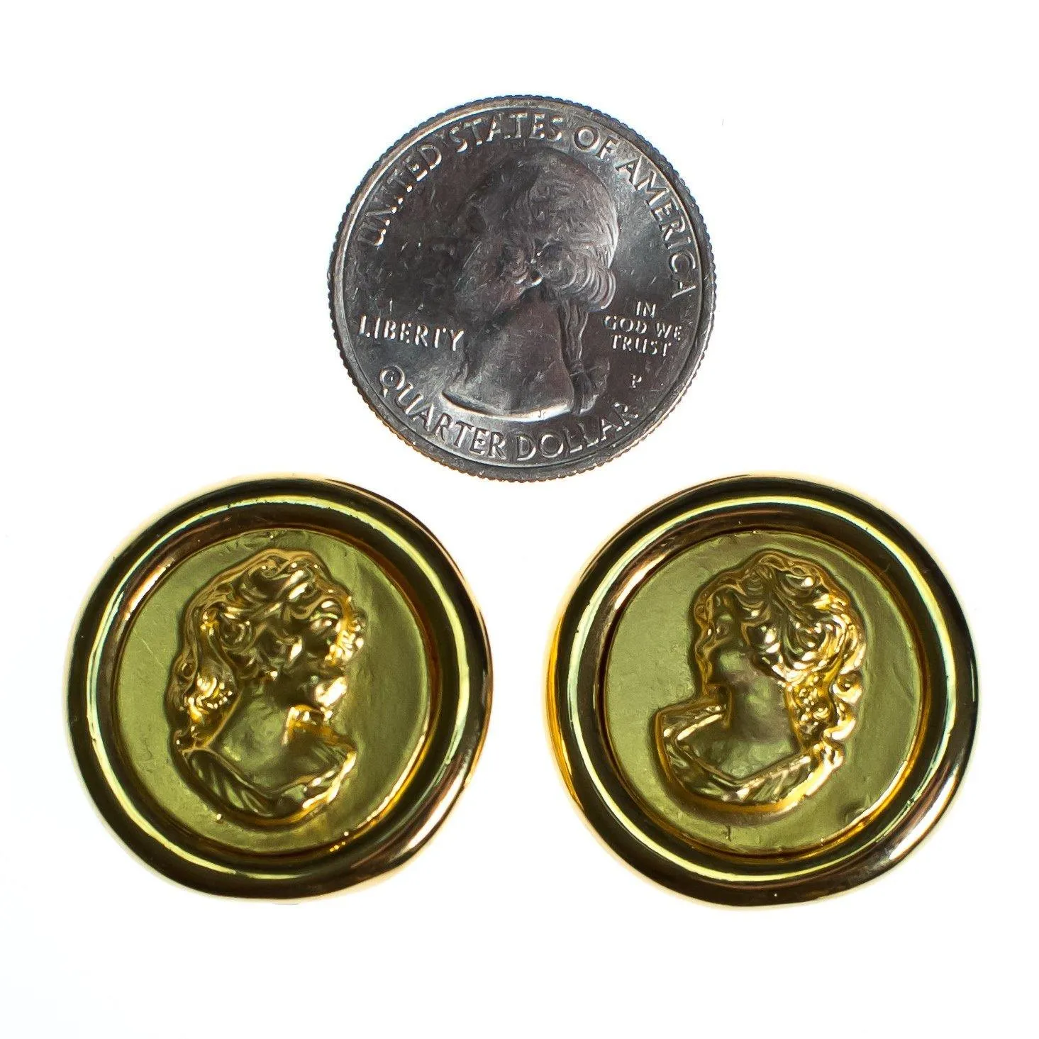 Vintage Gold Coin Earrings with Ladies Silhouette Earrings, Gold Tone, Clip-on