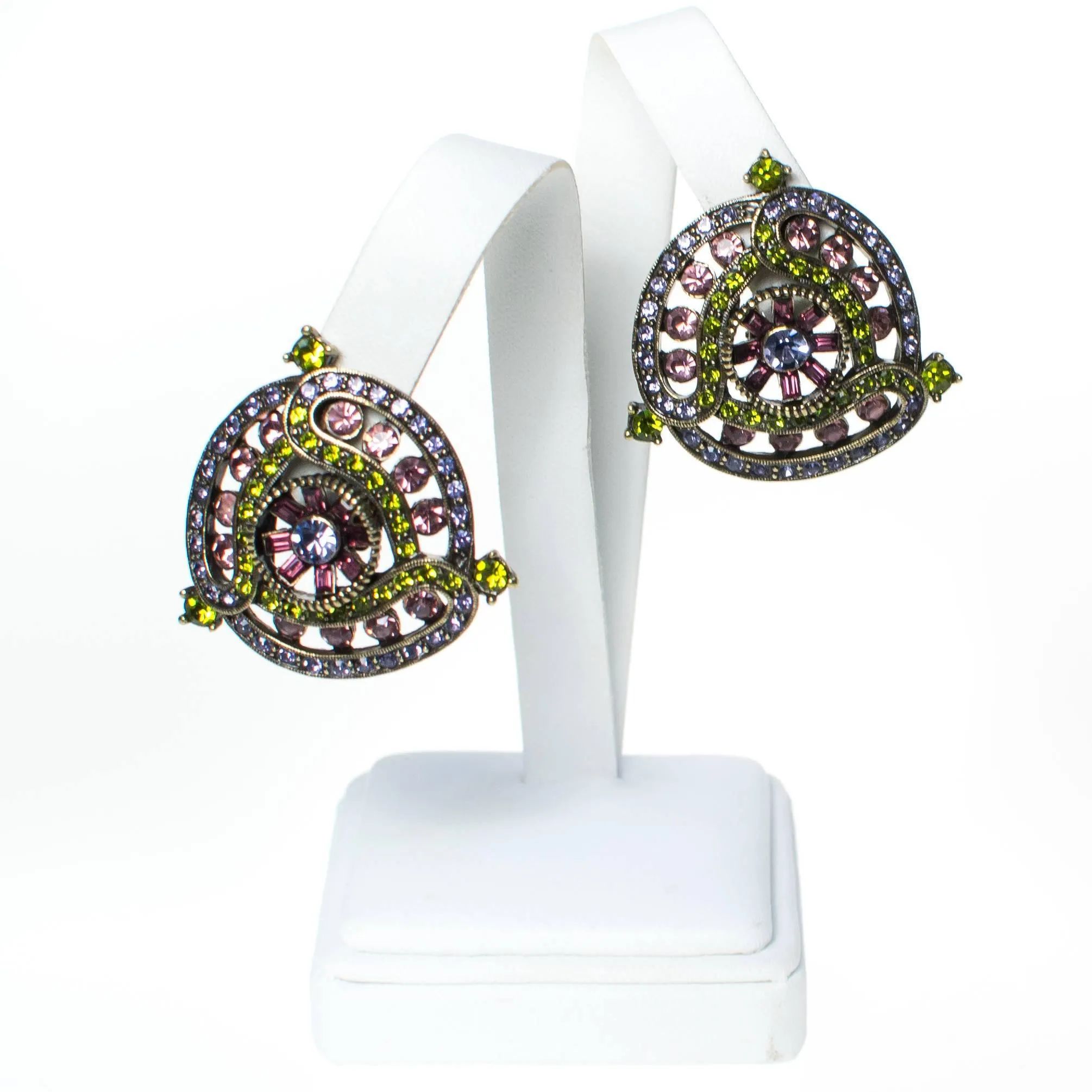 Vintage Heidi Daus Amethyst and Peridot Crystal Rhinestone Medallion Statement Earrings, Clip On