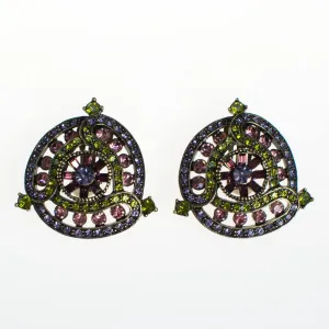 Vintage Heidi Daus Amethyst and Peridot Crystal Rhinestone Medallion Statement Earrings, Clip On