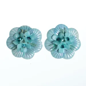 Vintage Huge Light Blue Flower Lucite Statement Earrings, Blue Rhinestones, Silver Tone Backs, Clip-on