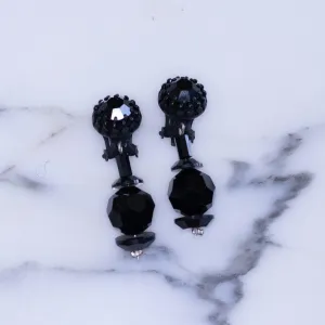 Vintage Jet Black Glass Bead Dangle Clip On Earrings