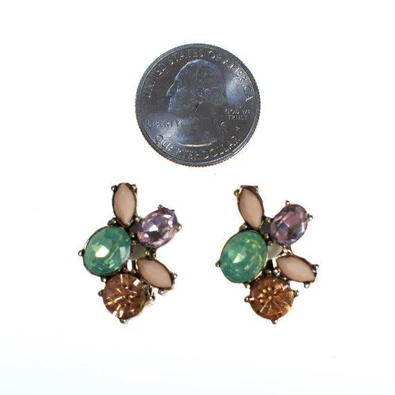 Vintage Mint, Peach, Pink, and Light Purple Rhinestone Cluster Statement Clip On Earrings