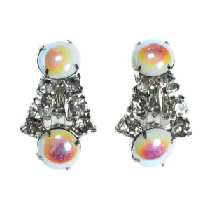 Vintage Rhinestone Earrings with White Iridescent Milk Glass Cabochons