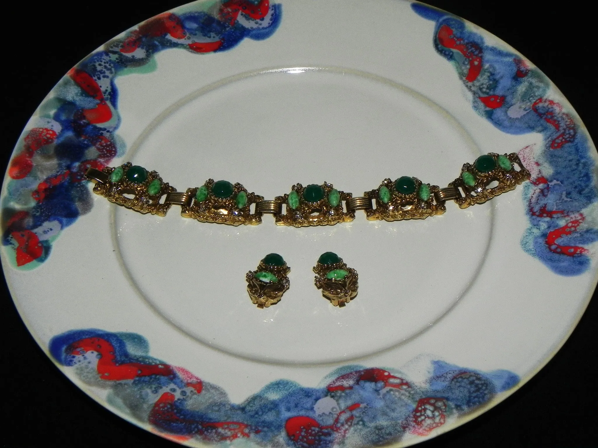 Vintage Set w/ Green Glass & Rhinestone