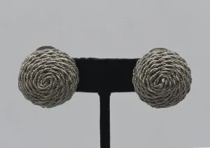 Vintage Silver Tone Basket Weave Clip On Earrings