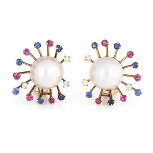 Vintage Sputnik Earrings Mabe Pearl Gemstone Diamond 14k Yellow Gold Jewelry