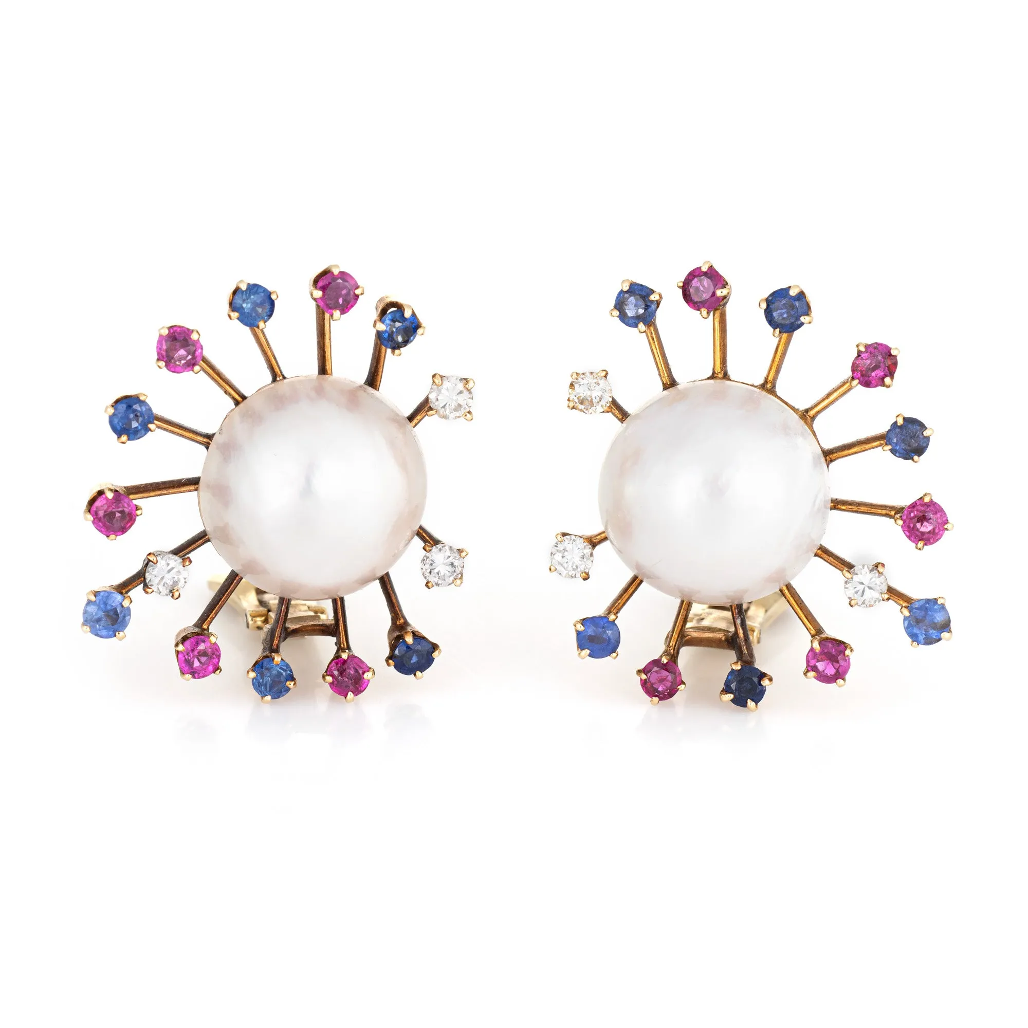 Vintage Sputnik Earrings Mabe Pearl Gemstone Diamond 14k Yellow Gold Jewelry