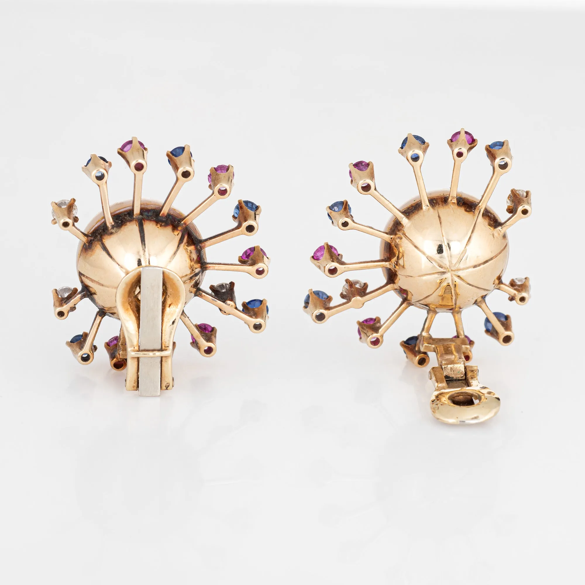 Vintage Sputnik Earrings Mabe Pearl Gemstone Diamond 14k Yellow Gold Jewelry