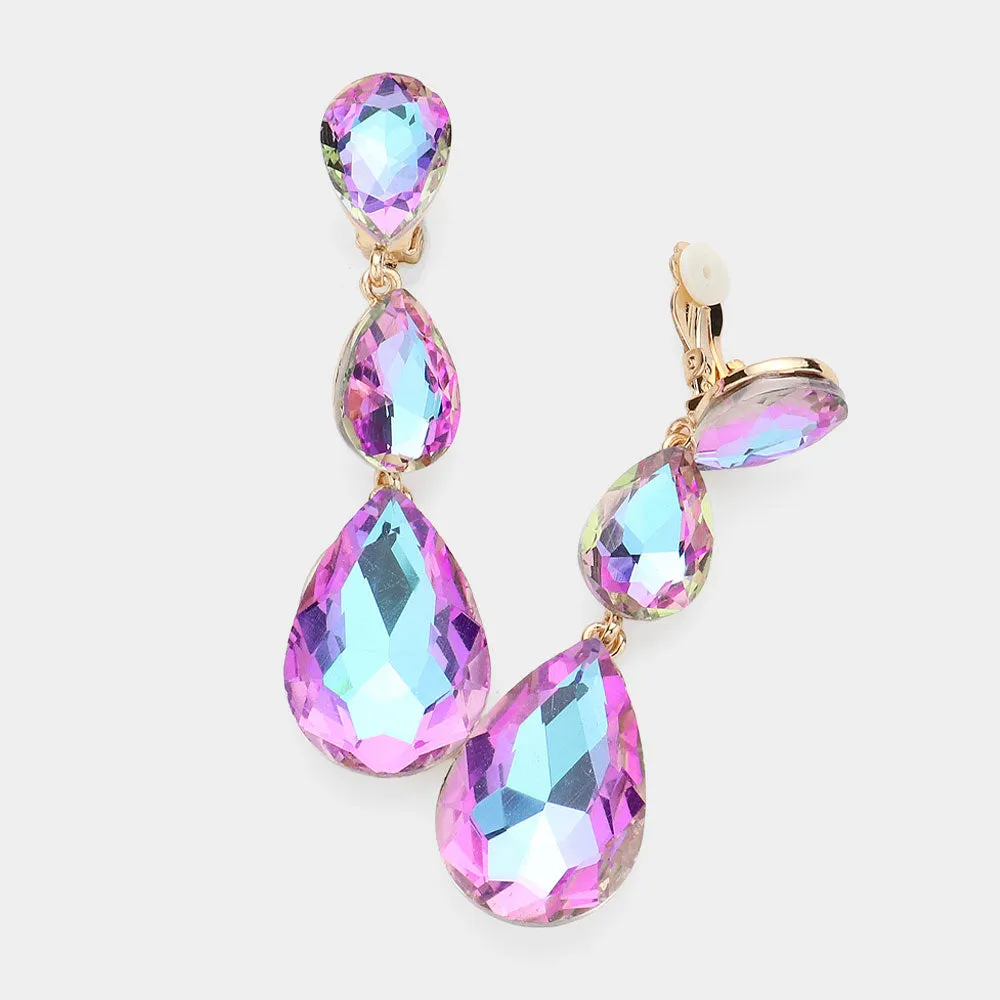 Violet AB Crystal Triple Teardrop Clip-on Pageant Earrings  | 624403