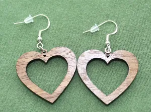 Walnut Wood Heart Shaped Dangle Earrings