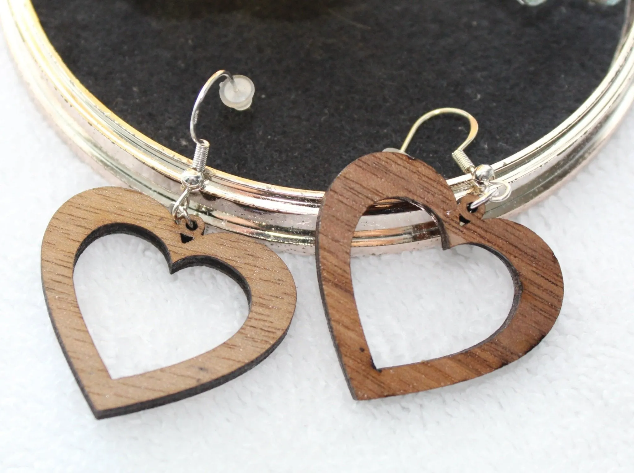 Walnut Wood Heart Shaped Dangle Earrings