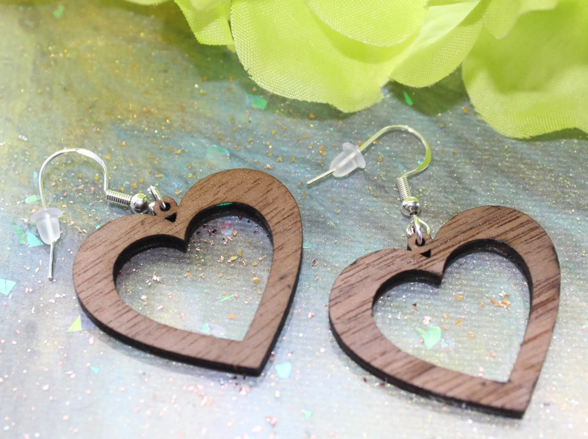 Walnut Wood Heart Shaped Dangle Earrings