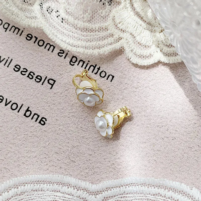White Flower Clip on Earrings