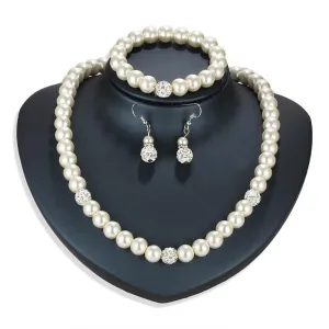 White Gold Crystal Jewelry Set - 3 Piece Shamballa & Pearl Design, Hypoallergenic & Comfort Fit, Made in Italy