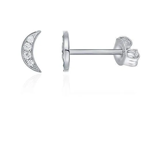 White Gold Plated Pave Crescent Stud Earring with Crystals - Hypoallergenic and Comfort Fit Jewelry Made in Italy