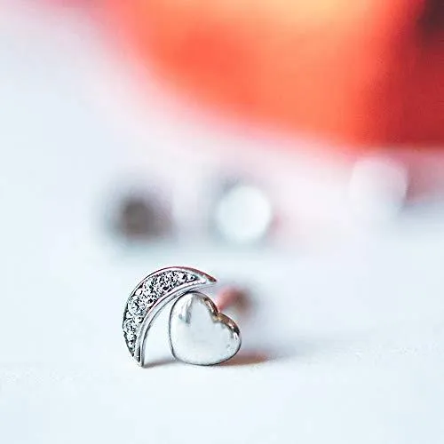 White Gold Plated Pave Crescent Stud Earring with Crystals - Hypoallergenic and Comfort Fit Jewelry Made in Italy