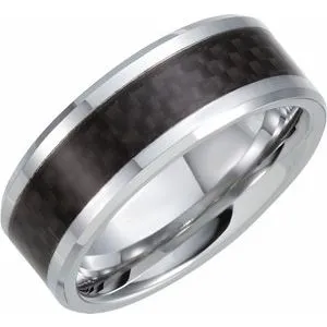 White Tungsten 8 mm Beveled-Edge Band with Black Carbon Fiber Center Size 10
