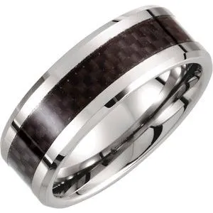 White Tungsten 8 mm Beveled-Edge Band with Black Carbon Fiber Center Size 11