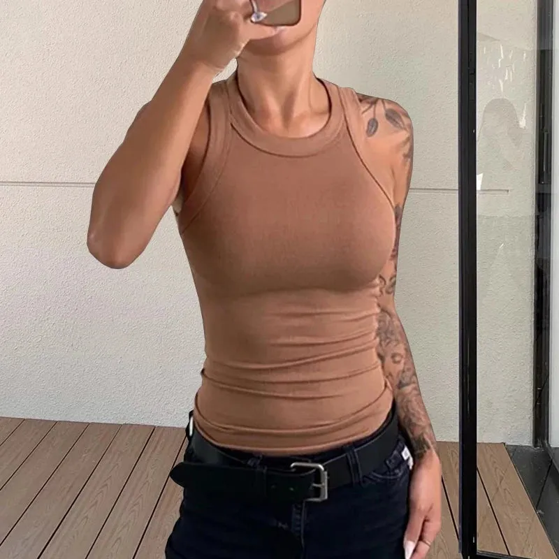Women Ribbed Tank Top O Neck Sleeveless Basic Camisole Summer Fashion Shirt