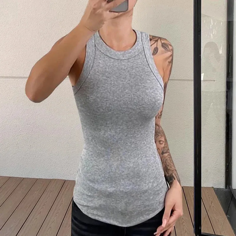 Women Ribbed Tank Top O Neck Sleeveless Basic Camisole Summer Fashion Shirt