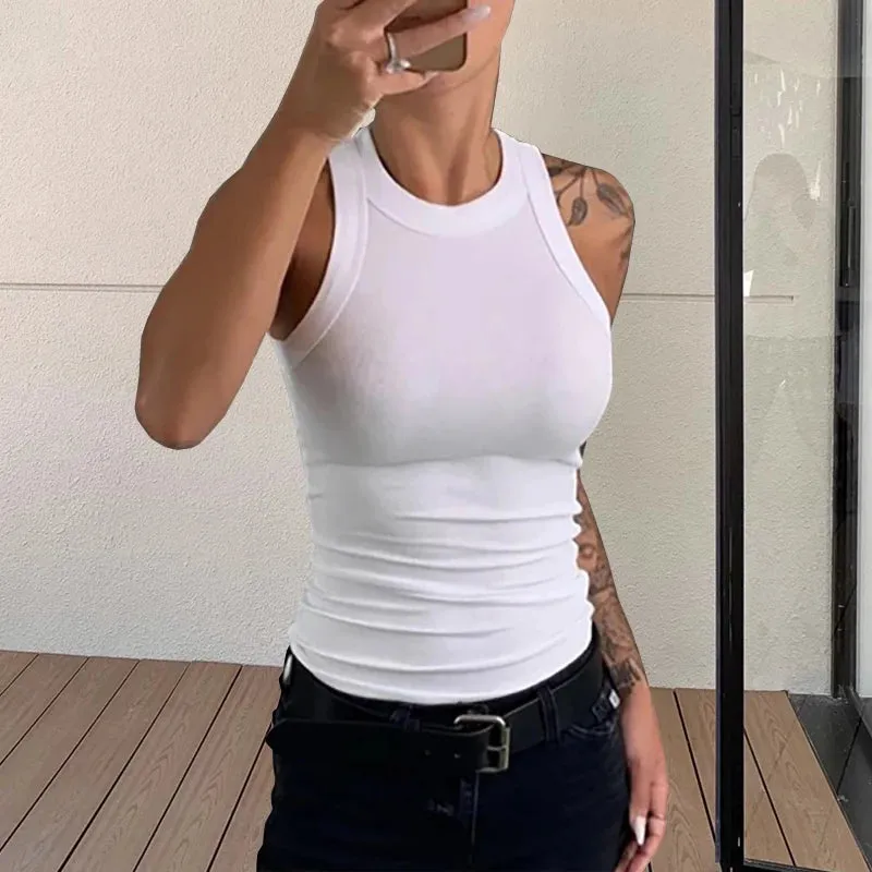 Women Ribbed Tank Top O Neck Sleeveless Basic Camisole Summer Fashion Shirt