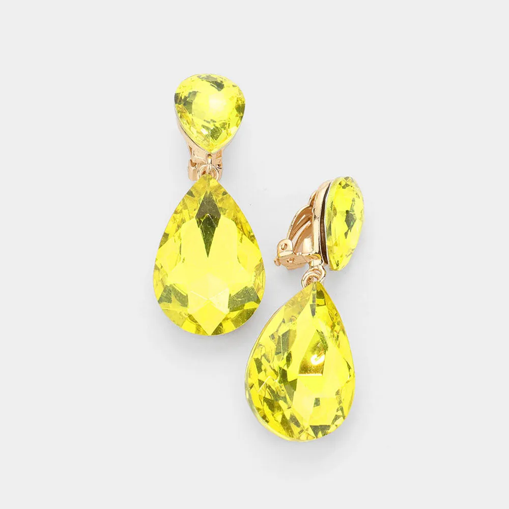 Yellow Crystal Double Teardrop Clip on Dangle Earrings  | Pageant Earrings | 535173